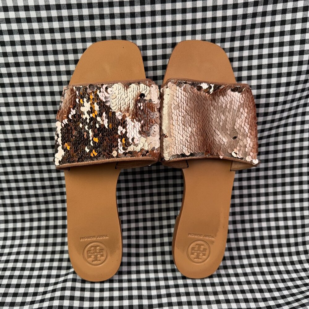 Tory Burch Carter Reversible Sequin Slide Sandals Rose Gold Slides Women's 8
